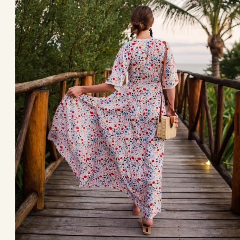 Kos Resort V-Neck Floral Maxi Dress Cottagecore Prairiecore Romantic Sz SMALL - Picture 5 of 16